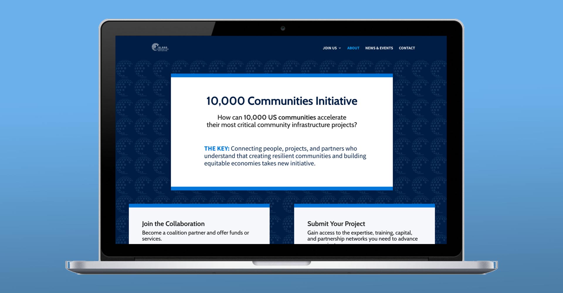Laptop showing the home page for 10kcommunities.org