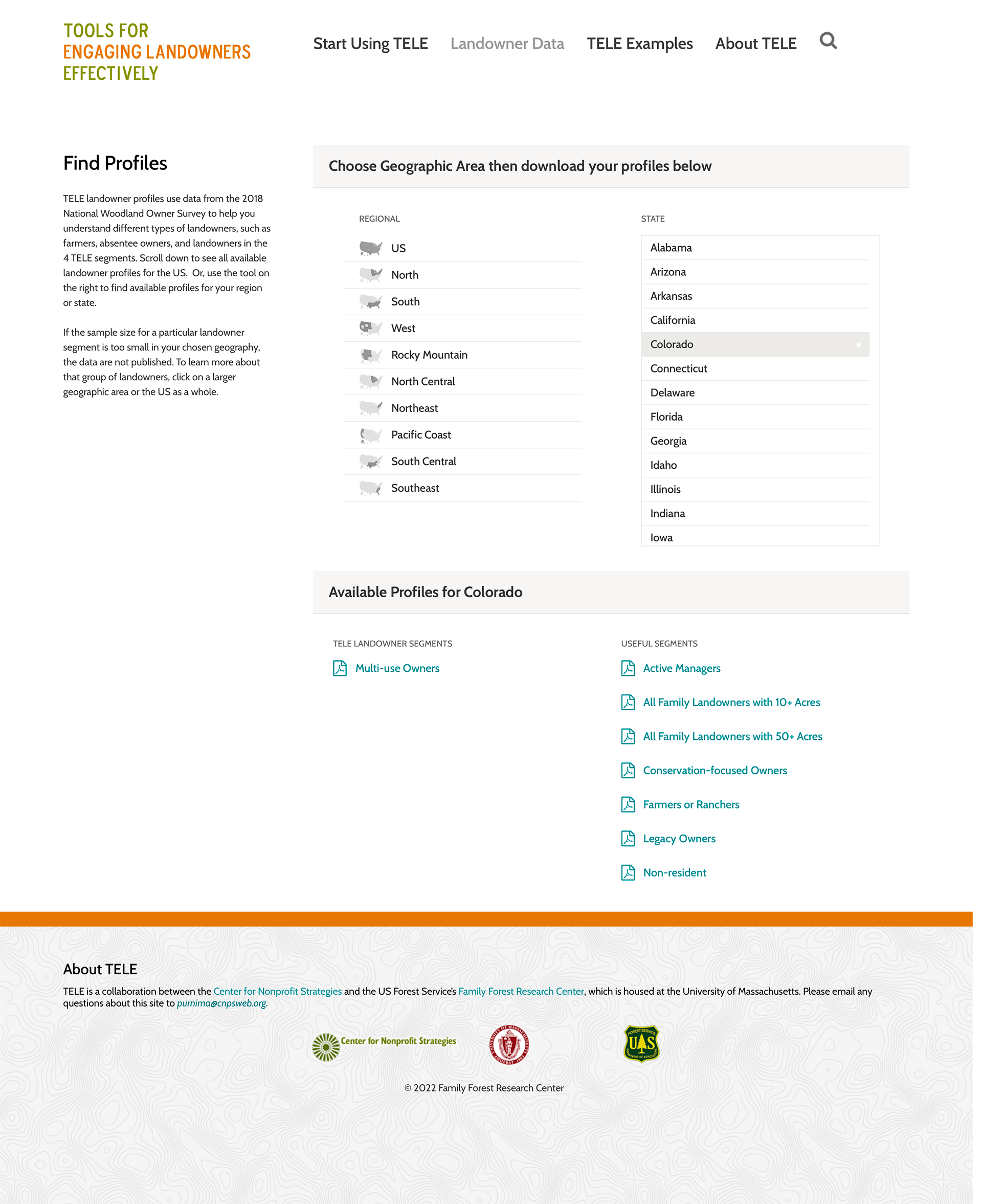 Screenshot of the select profiles page of the TELE website